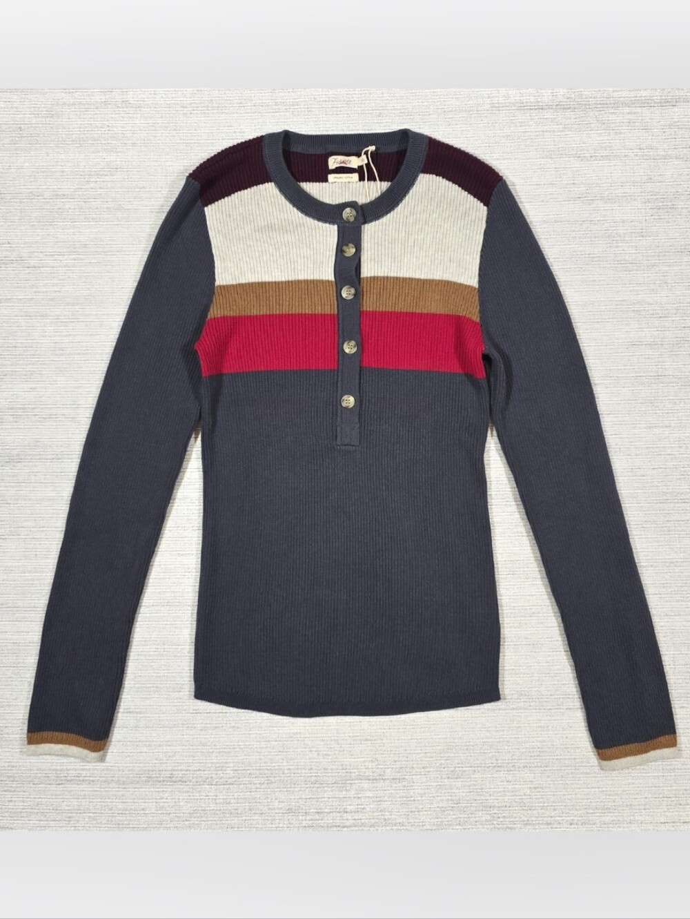 Faherty Mikki Henley Ribbed Sweater Womens M Vintage Stripe Cotton Cashmere NWT